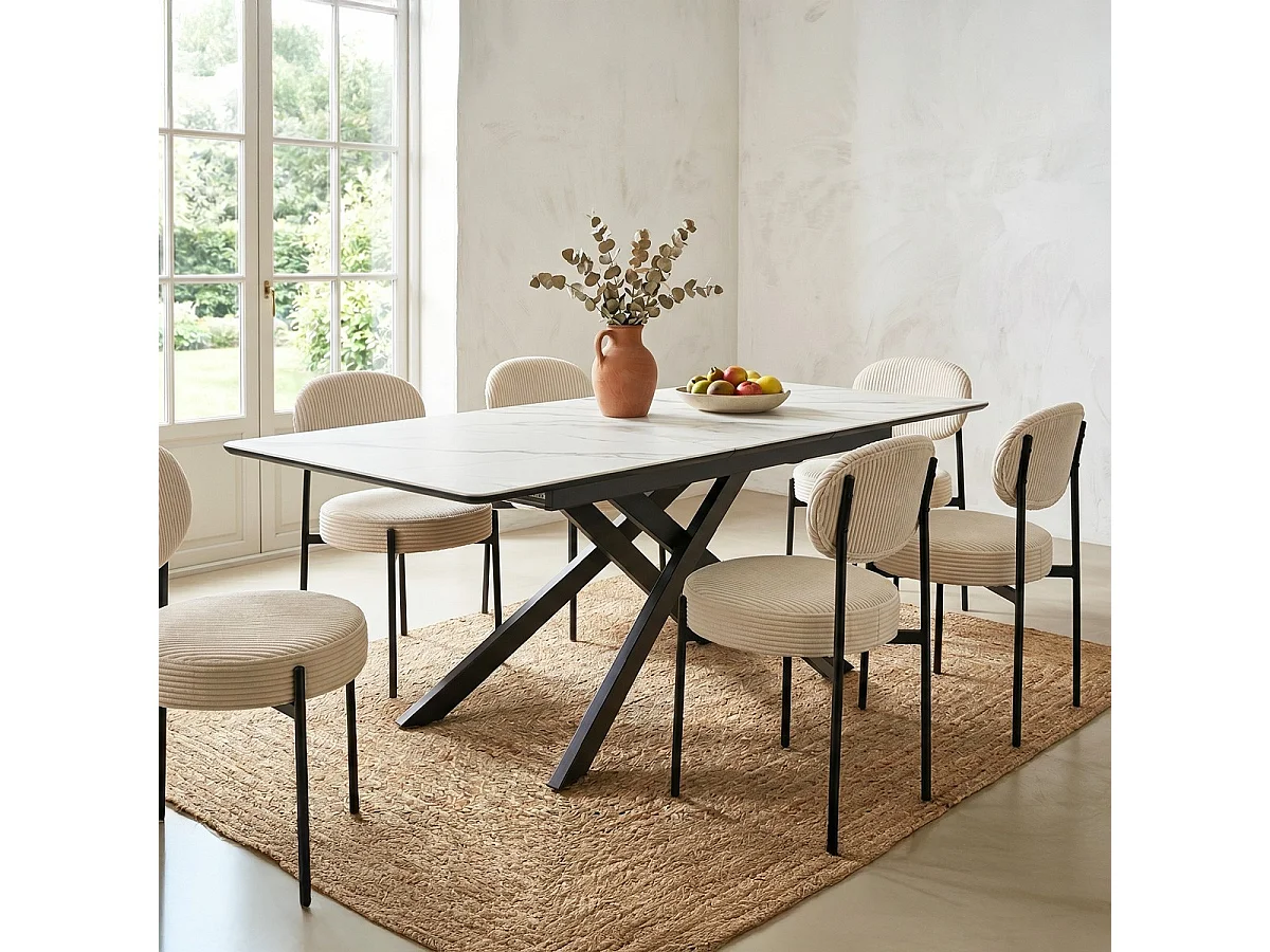 Table à manger rectangulaire extensible 6/8 pers. en céramique effet Marbre blanc et piètement noir 160/200x89,5 cm - Sivas