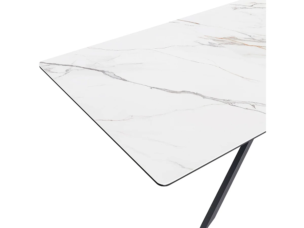 Table à manger rectangulaire extensible 6/8 pers. en céramique effet Marbre blanc et piètement noir 160/200x89,5 cm - Sivas