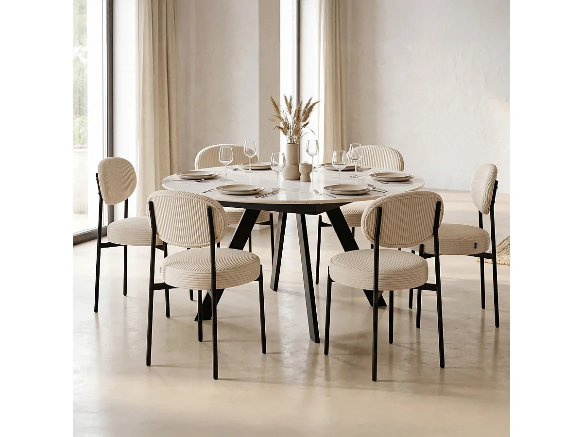 Table à manger ronde extensible 3/6 pers. en céramique effet Marbre gris Pandora et piètement noir 90/150x90 cm - Circe