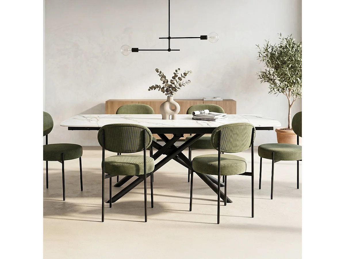 Table à manger rectangulaire extensible 6/8 pers. en céramique effet Marbre blanc et piètement noir 140/200x90 cm - Hydra