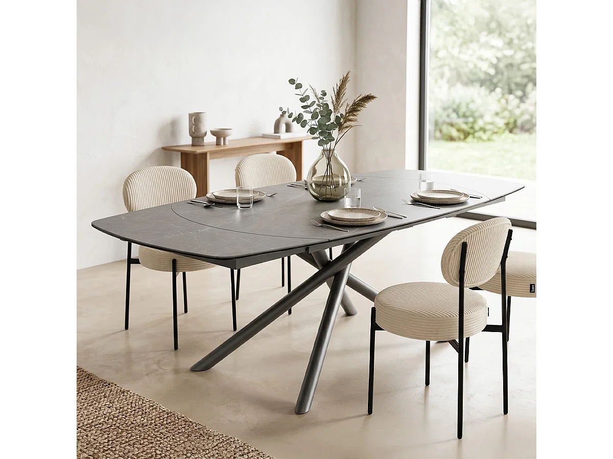 Table à manger rectangulaire extensible 6/8 pers. en céramique gris anthracite et piètement noir 130/190x90 cm - Disko
