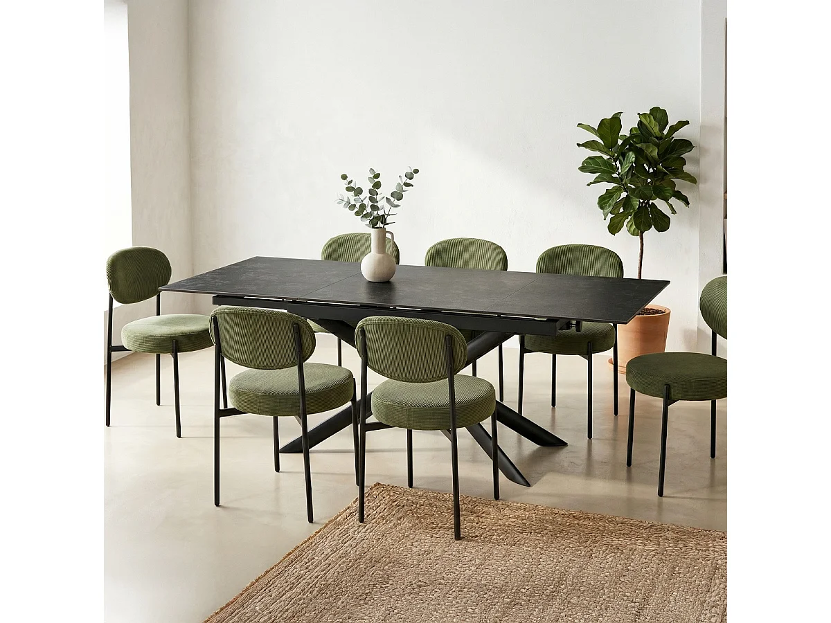 Table à manger rectangulaire extensible 6/10 pers. en céramique gris anthracite et piètement noir 160/290x90 cm - Vik