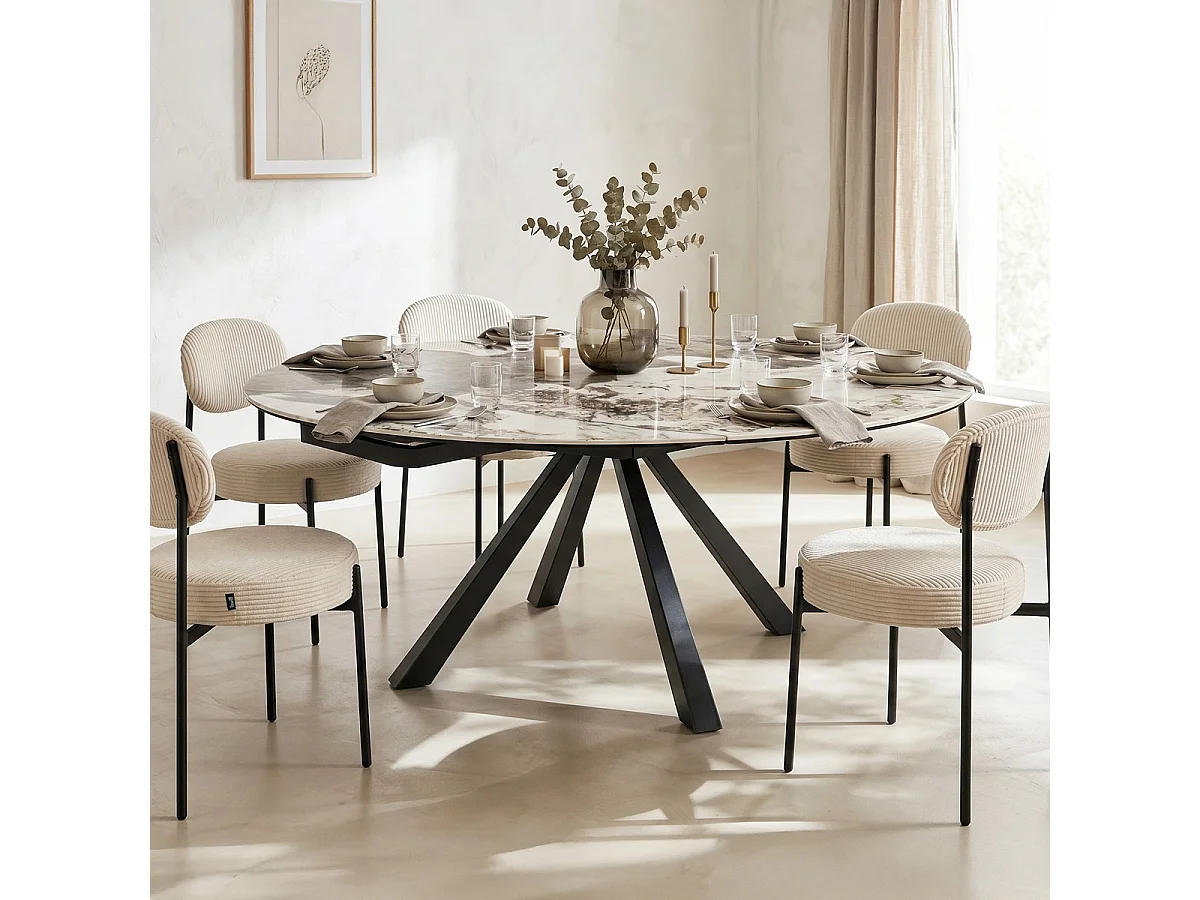 Table à manger extensible automatique 6/8 pers. en céramique effet Marbre gris Pandora et piètement noir 115/190x115 cm - Mugla