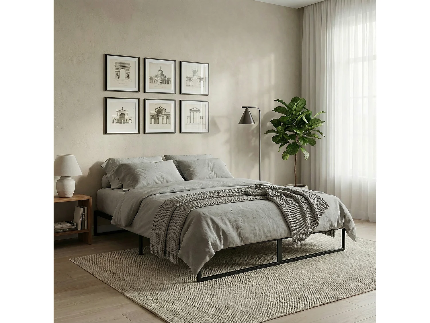 Lit Double SOVE, 140 x 190 cm, Noir, Structure en Métal, Cadre Renforcé, Sommier Intégré, Style Industriel Minimaliste