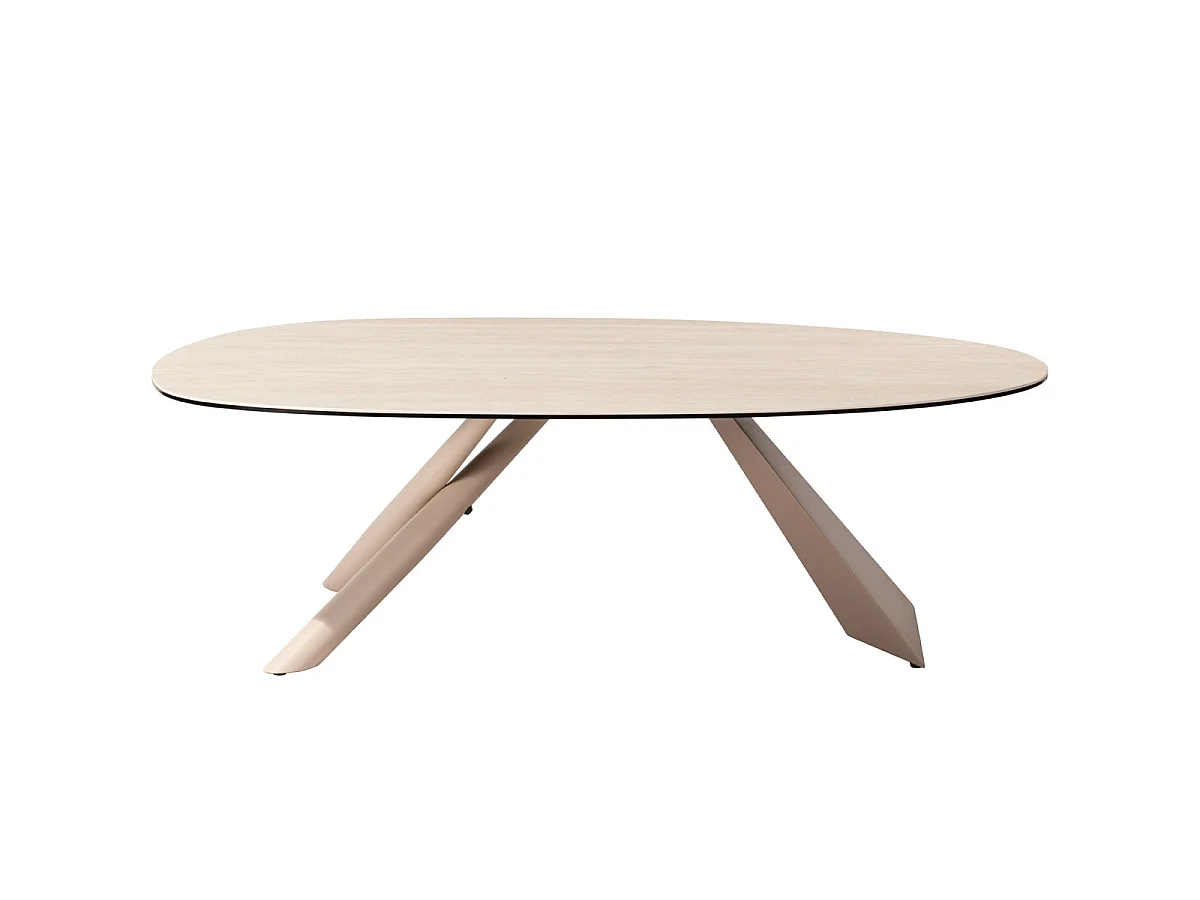 Table ovale en céramique effet Travertin et piètement beige 120x72 cm - Tundra