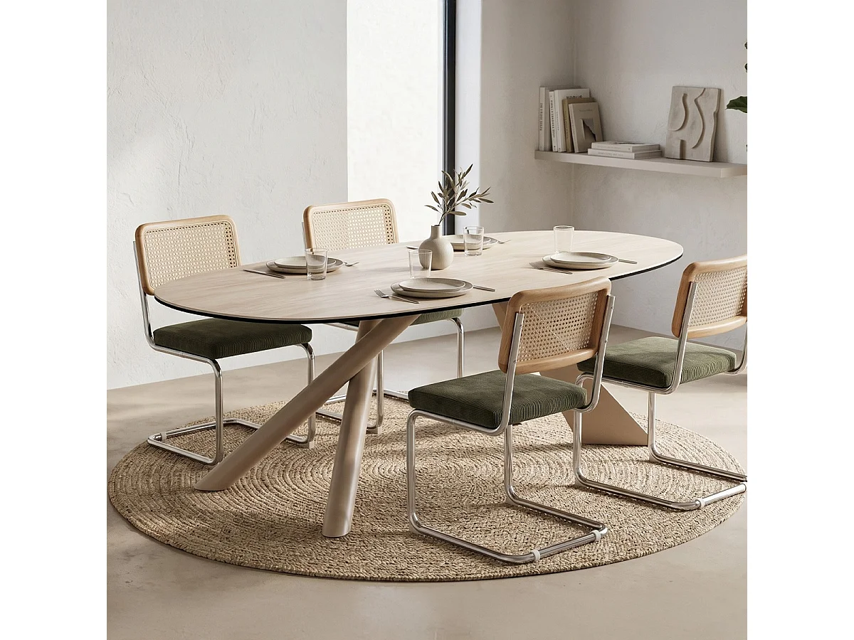 Table ovale en céramique effet Travertin et piètement beige 120x72 cm - Tundra