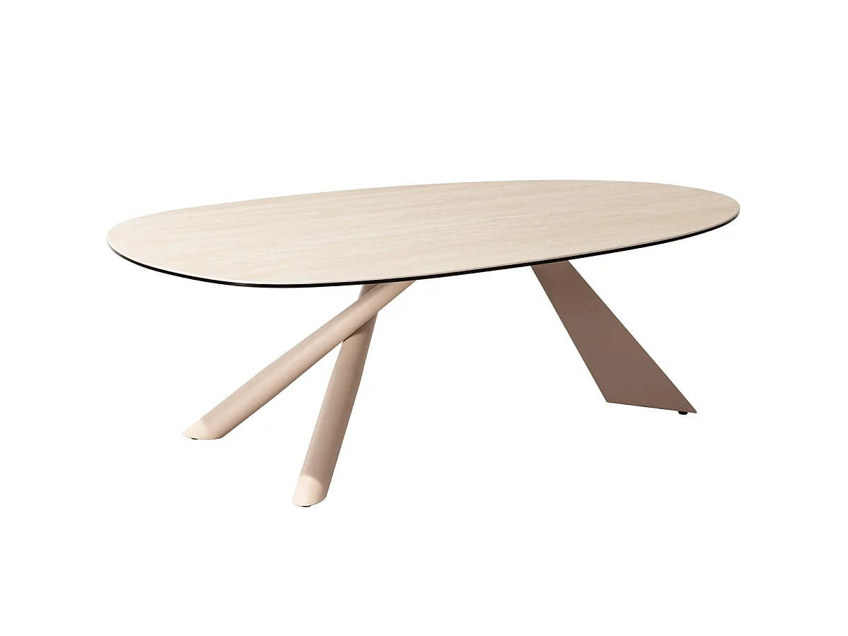 Table ovale en céramique effet Travertin et piètement beige 120x72 cm - Tundra