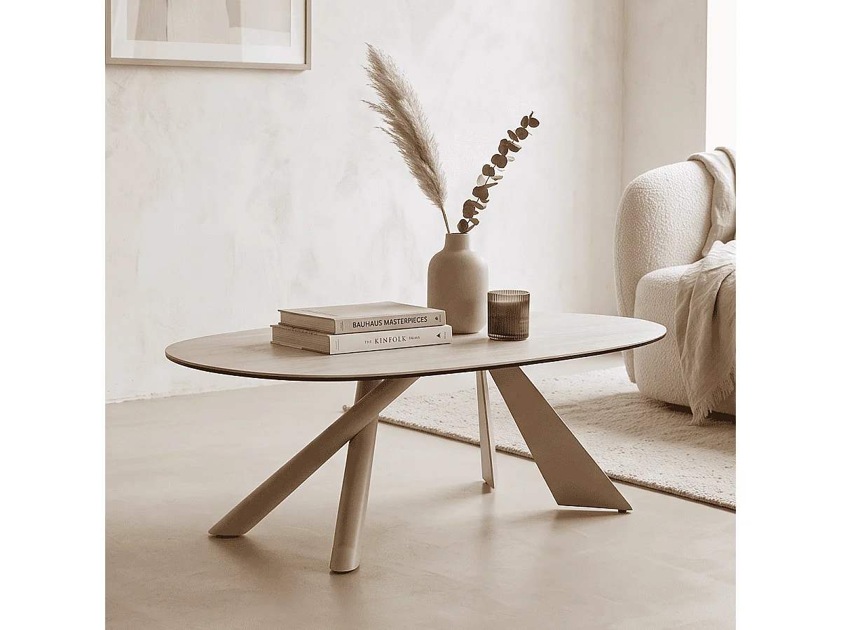Table ovale en céramique effet Travertin et piètement beige 120x72 cm - Tundra