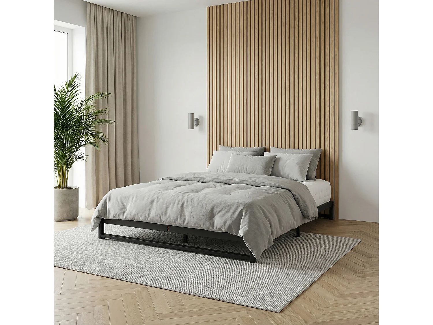 Lit Double MITI, 140 x 190 cm, Noir, Structure en Métal, Cadre Renforcé, Sommier Intégré, Style Industriel Minimaliste