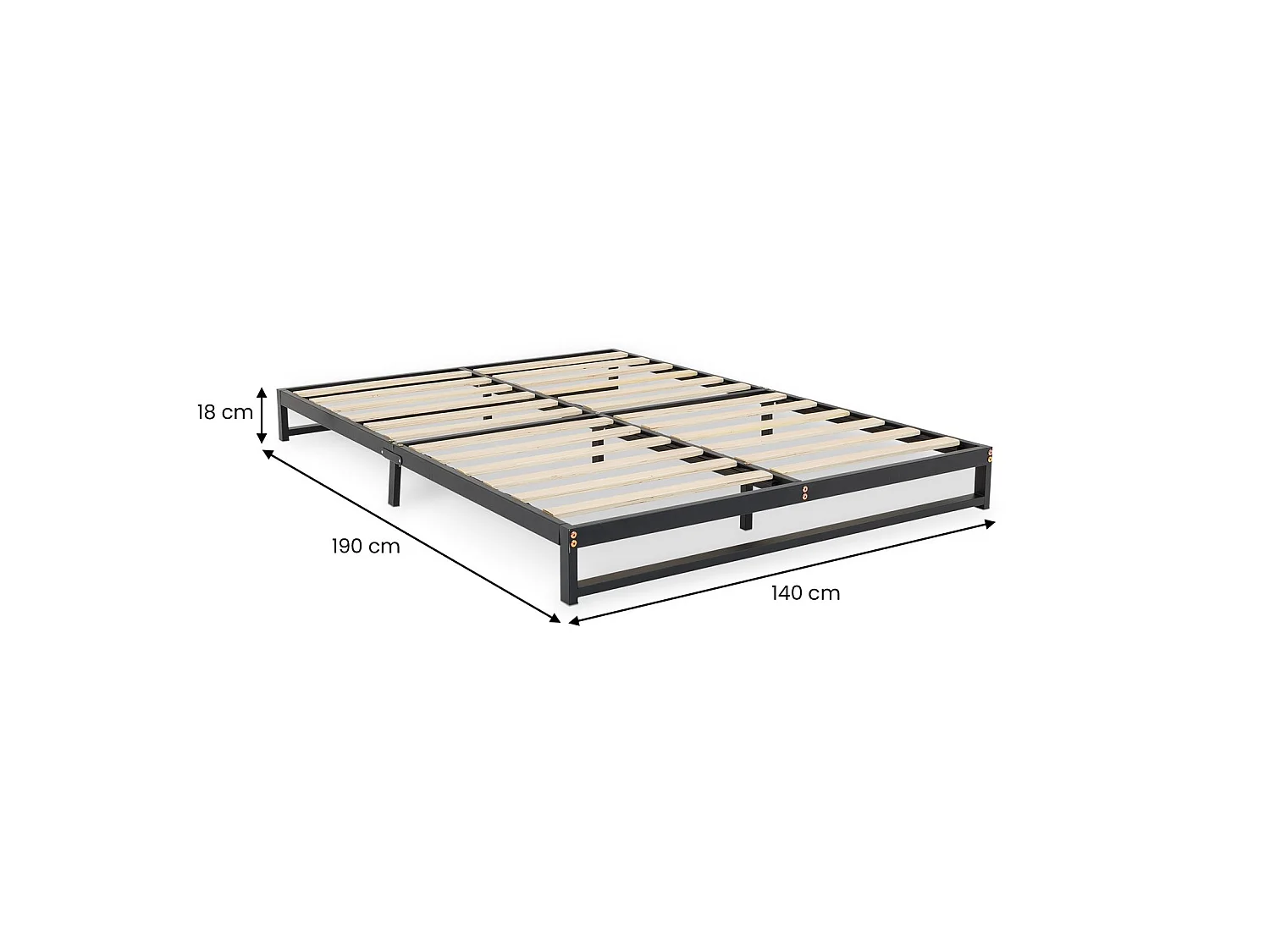 Lit Double MITI, 140 x 190 cm, Noir, Structure en Métal, Cadre Renforcé, Sommier Intégré, Style Industriel Minimaliste