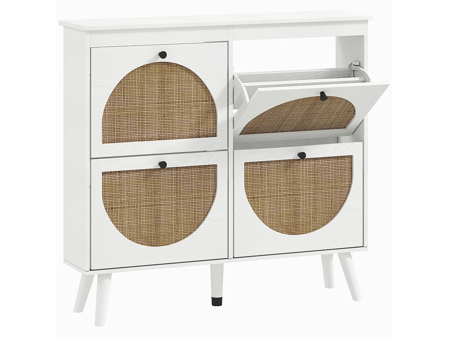 Meuble à chaussures 4 portes abattantes style bohème - façades motif semi-circulaire rotin - pieds bois aspect bois blanc