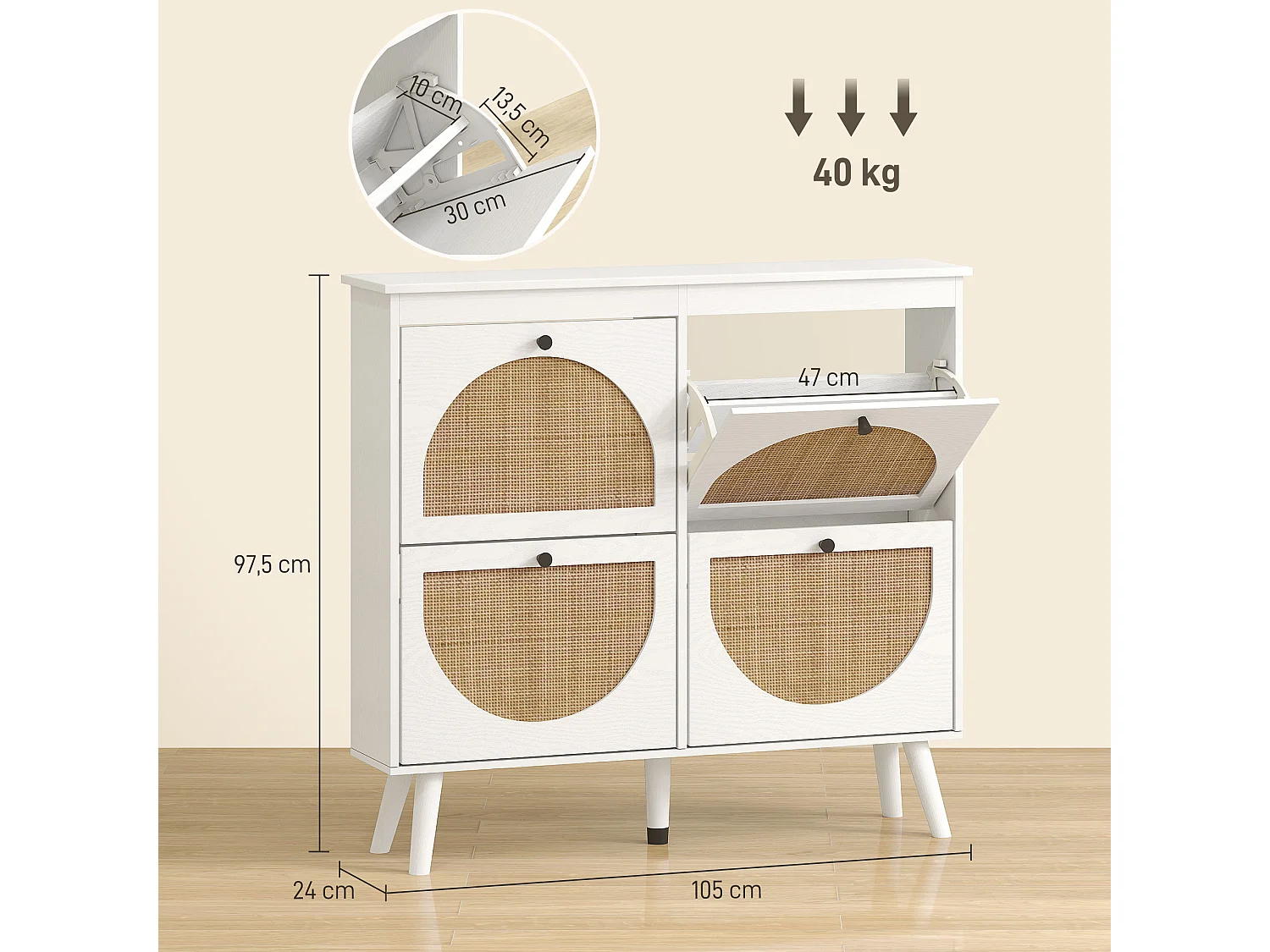 Meuble à chaussures 4 portes abattantes style bohème - façades motif semi-circulaire rotin - pieds bois aspect bois blanc
