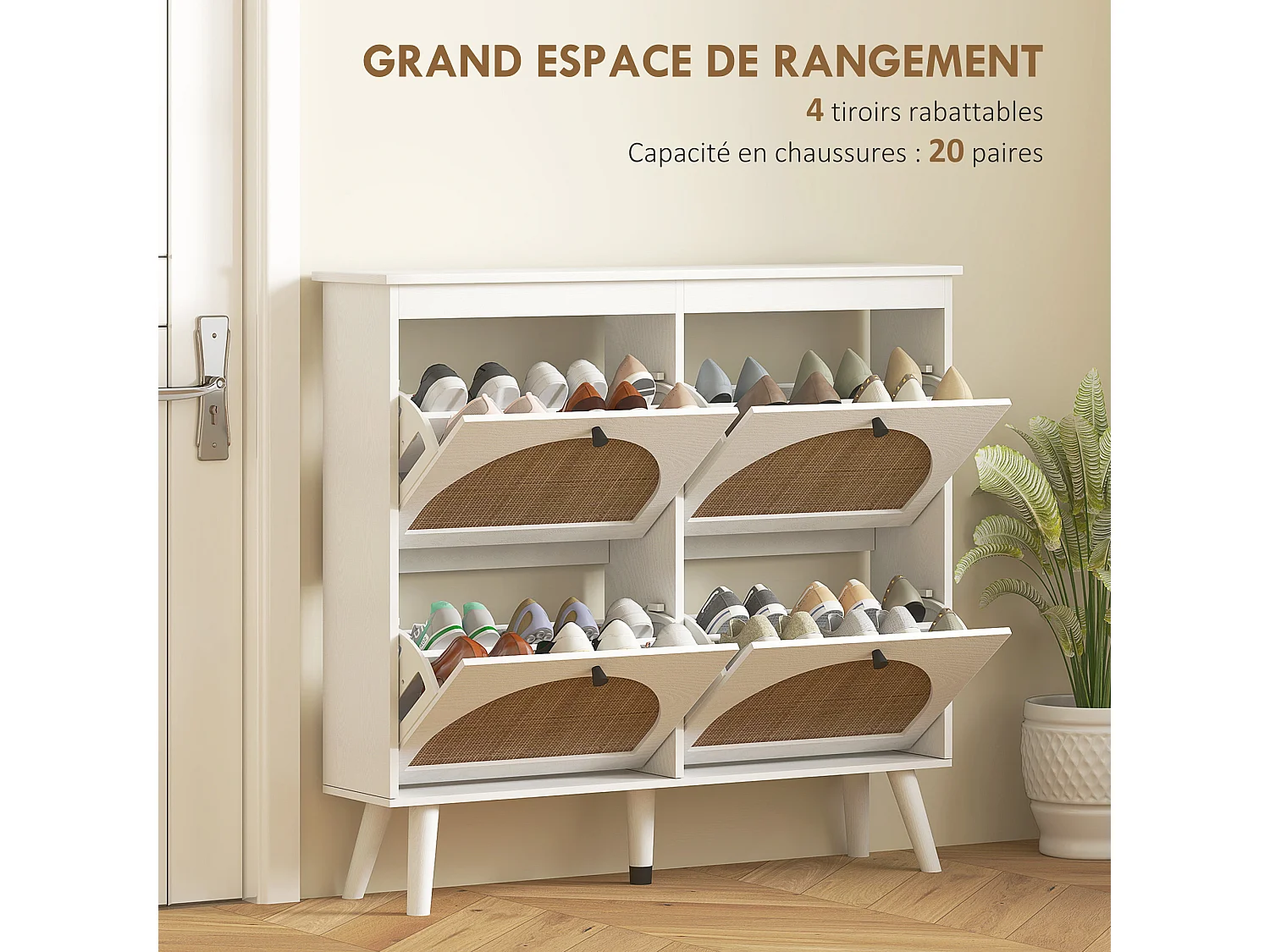 Meuble à chaussures 4 portes abattantes style bohème - façades motif semi-circulaire rotin - pieds bois aspect bois blanc