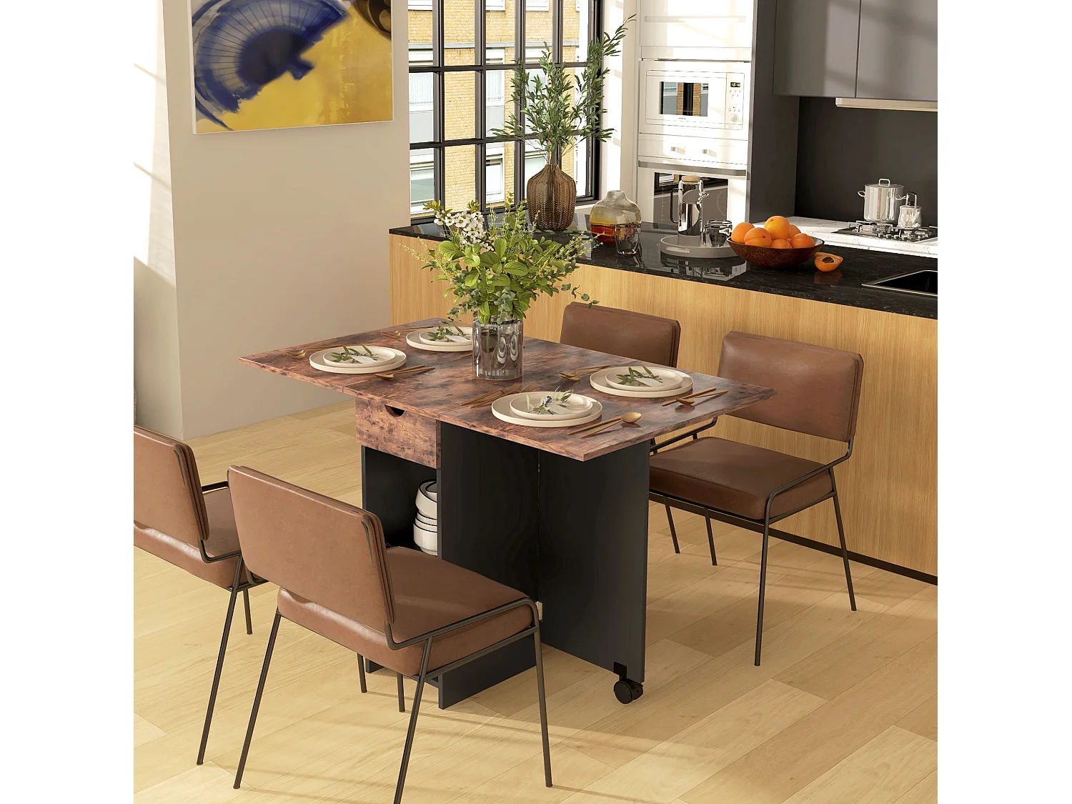 Table de cuisine rabattable - table à manger pliable 2-4 personnes - étagères, tiroir - noir effet bois