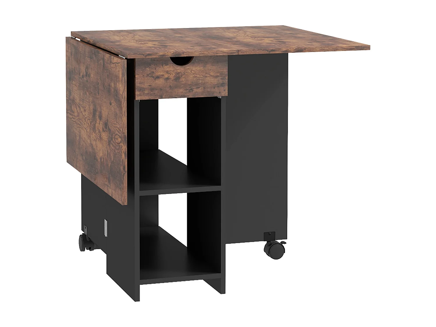 Table de cuisine rabattable - table à manger pliable 2-4 personnes - étagères, tiroir - noir effet bois