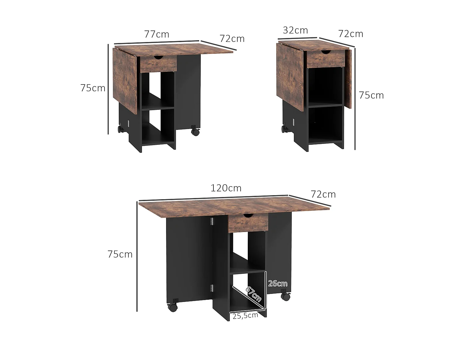 Table de cuisine rabattable - table à manger pliable 2-4 personnes - étagères, tiroir - noir effet bois