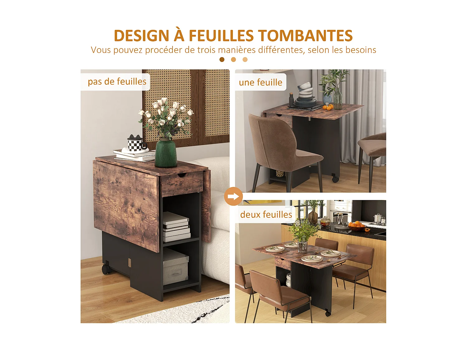 Table de cuisine rabattable - table à manger pliable 2-4 personnes - étagères, tiroir - noir effet bois