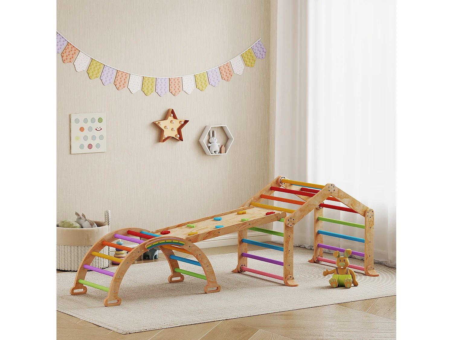 Triangle d'escalade enfant pliable 9 en 1 - aire de jeu enfant - bois naturel multicolore