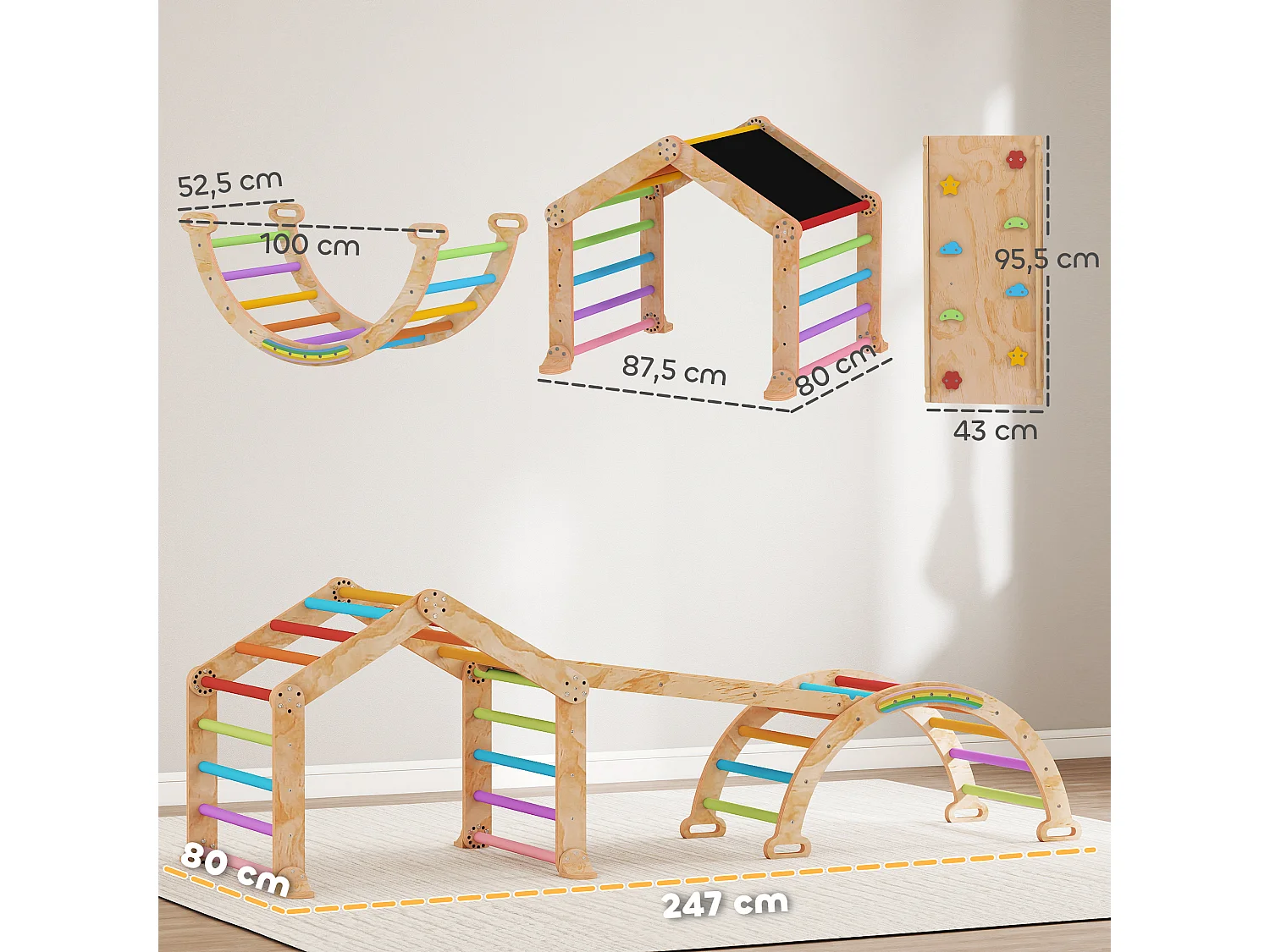 Triangle d'escalade enfant pliable 9 en 1 - aire de jeu enfant - bois naturel multicolore