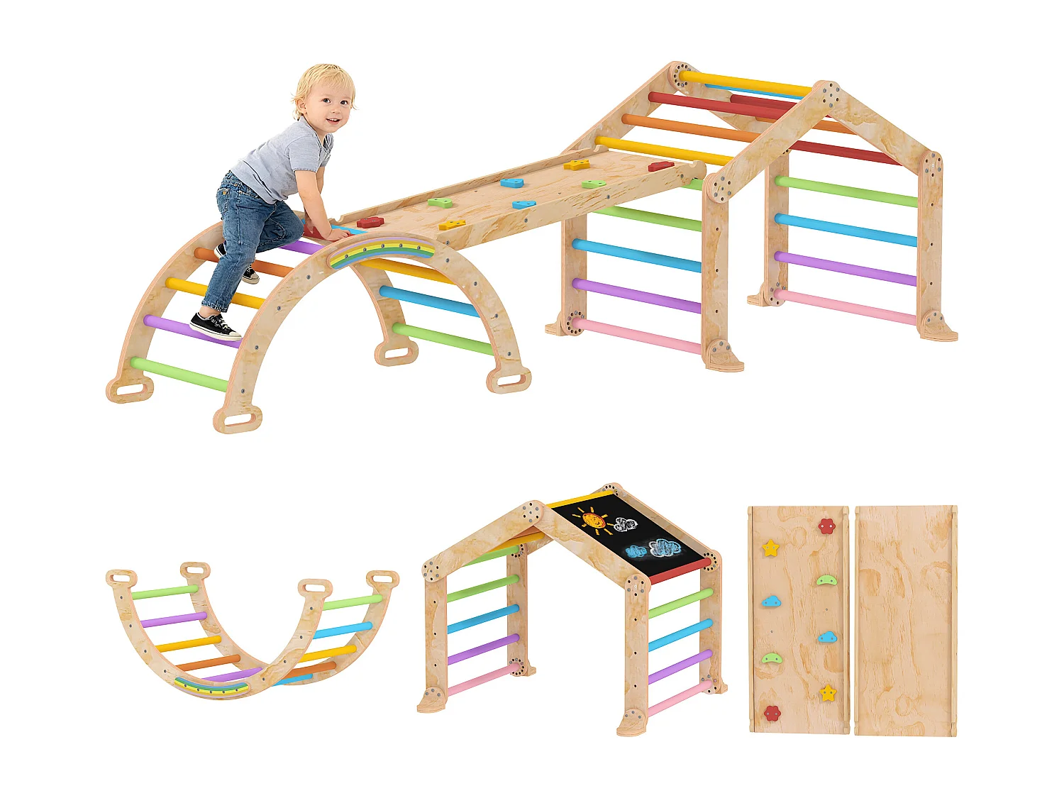 Triangle d'escalade enfant pliable 9 en 1 - aire de jeu enfant - bois naturel multicolore