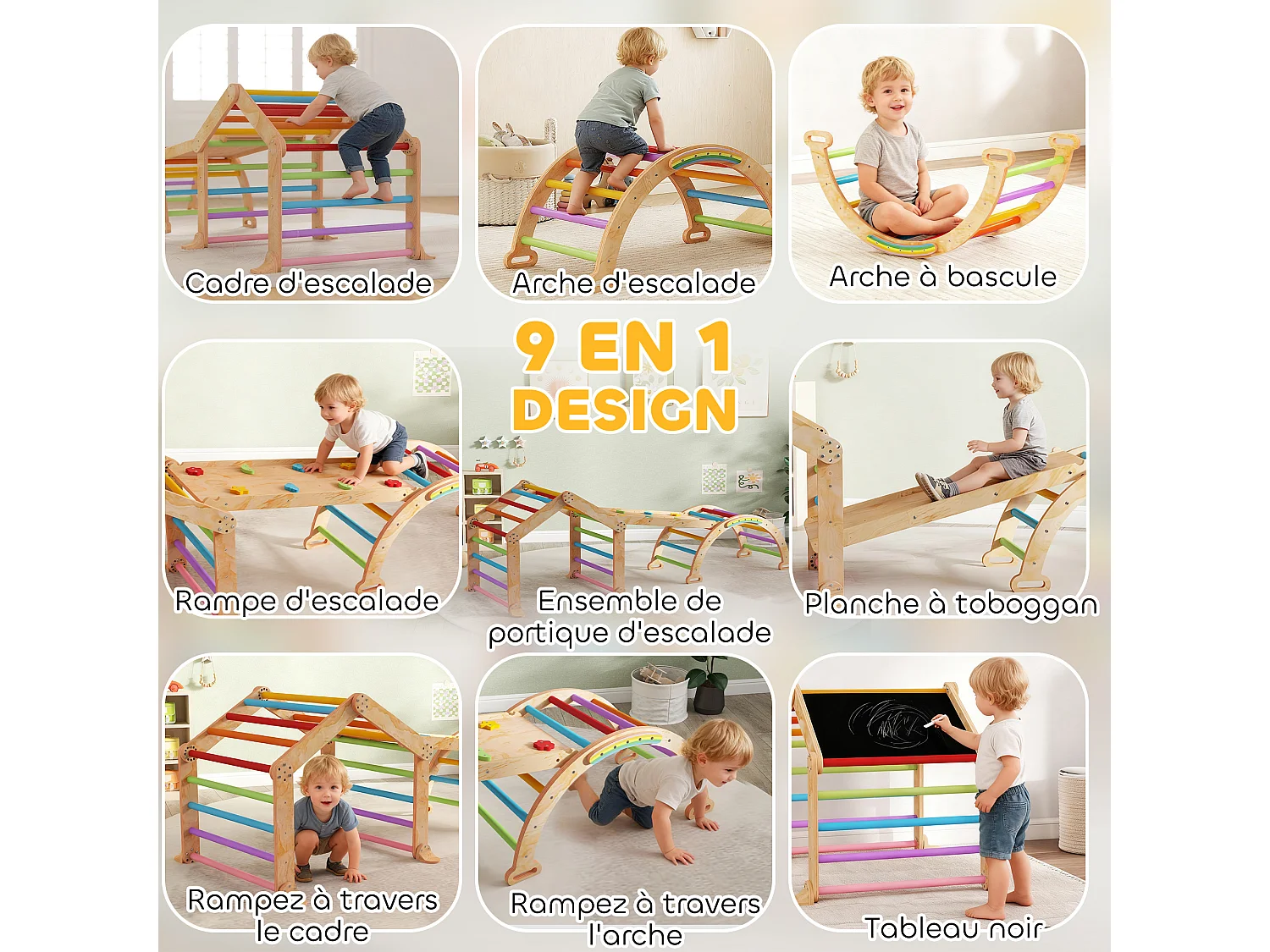 Triangle d'escalade enfant pliable 9 en 1 - aire de jeu enfant - bois naturel multicolore