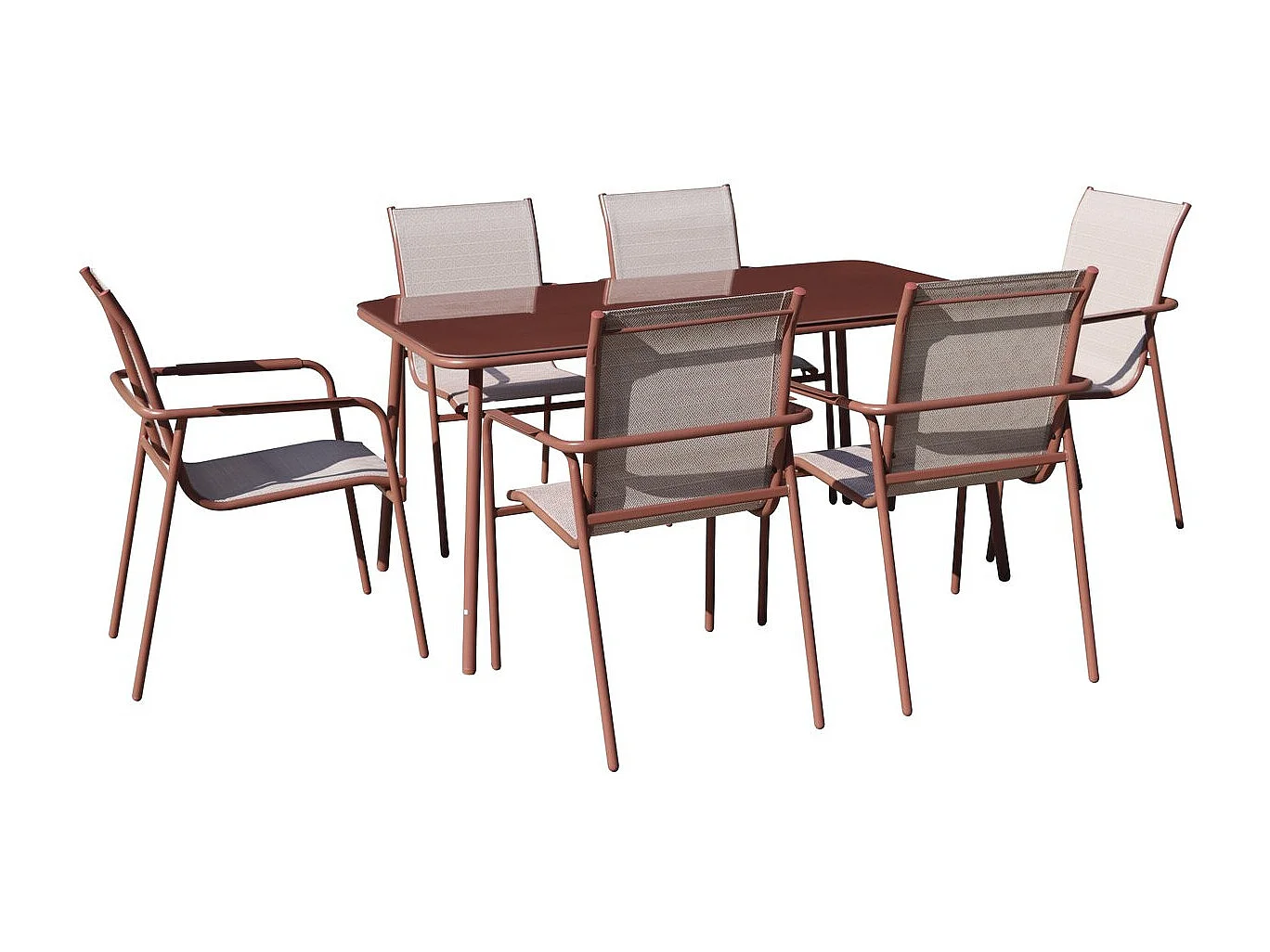 Metall Trädgårdsmöbelset "Malaga" - 7 Sittplatser - Terrakotta Finish, Glasbordsskiva