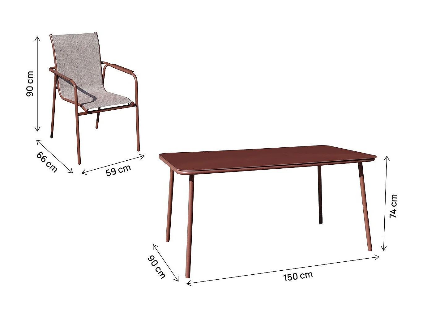 Metall Trädgårdsmöbelset "Malaga" - 7 Sittplatser - Terrakotta Finish, Glasbordsskiva