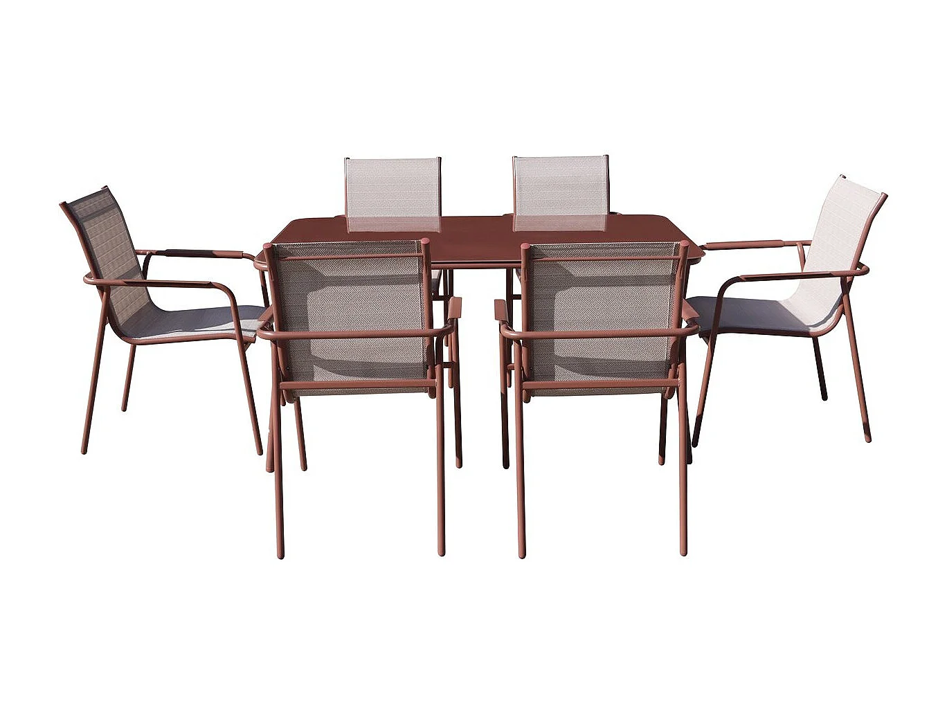 Metall Trädgårdsmöbelset "Malaga" - 7 Sittplatser - Terrakotta Finish, Glasbordsskiva