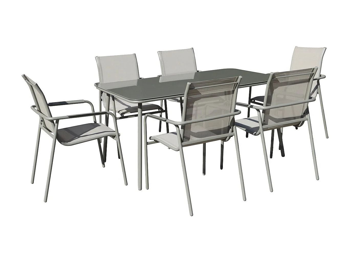 "Malaga" Metalen Tuinset - 7 Stoelen - Grijs, Glazen Tafelblad, Stapelbare Stoelen