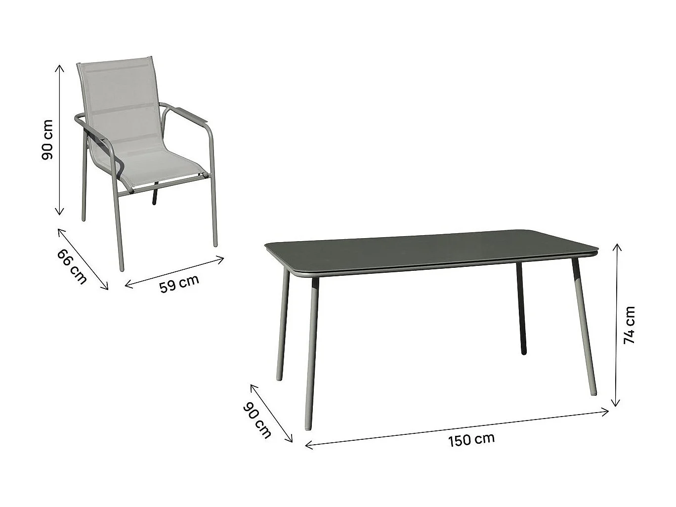"Malaga" Metalen Tuinset - 7 Stoelen - Grijs, Glazen Tafelblad, Stapelbare Stoelen