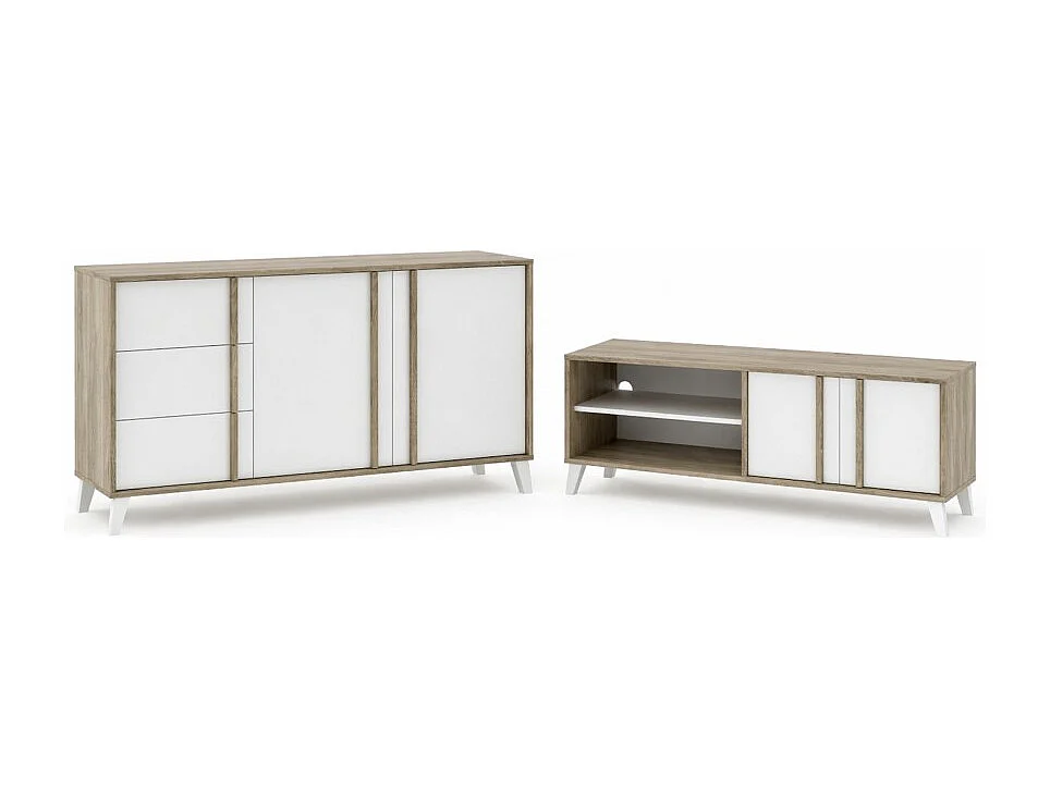 Ensemble de salon Buffet + Meuble TV Style Scandinave – coloris Chêne Clair et Blanc