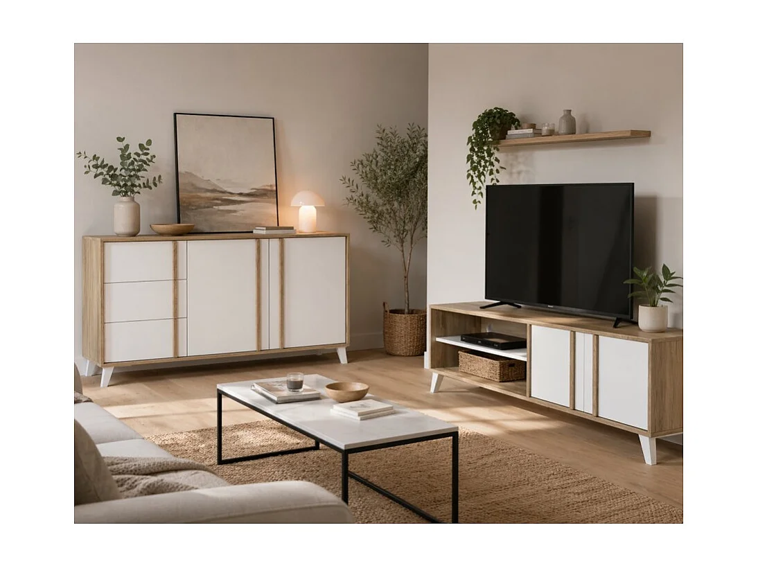 Ensemble de salon Buffet + Meuble TV Style Scandinave – coloris Chêne Clair et Blanc