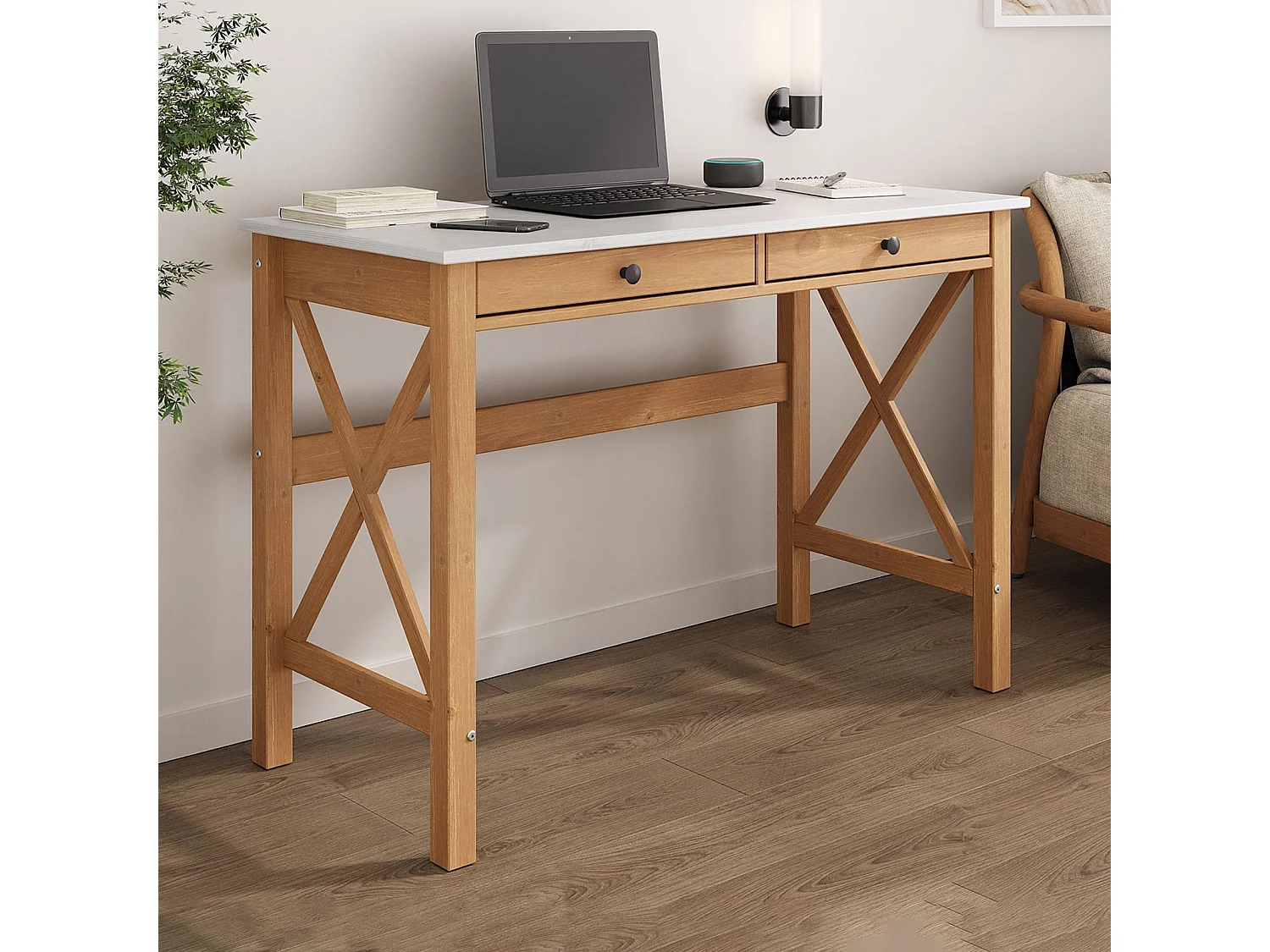 Bureau en bois ADRIAN L 110 cm avec deux tiroirs en bois coloris blanc et chêne massif avec rangement élégant et pratique
