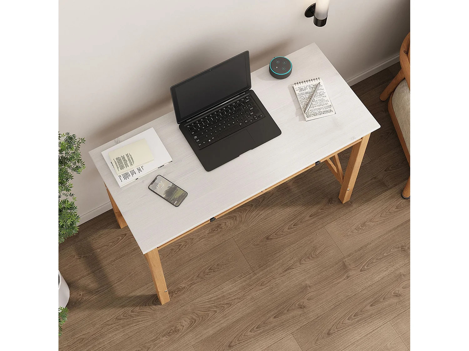 Bureau en bois ADRIAN L 110 cm avec deux tiroirs en bois coloris blanc et chêne massif avec rangement élégant et pratique