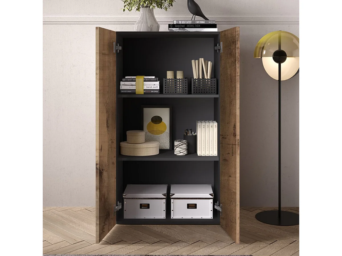 Rangement 2 portes noir graphite et aspect bois antique - SYNERGIE