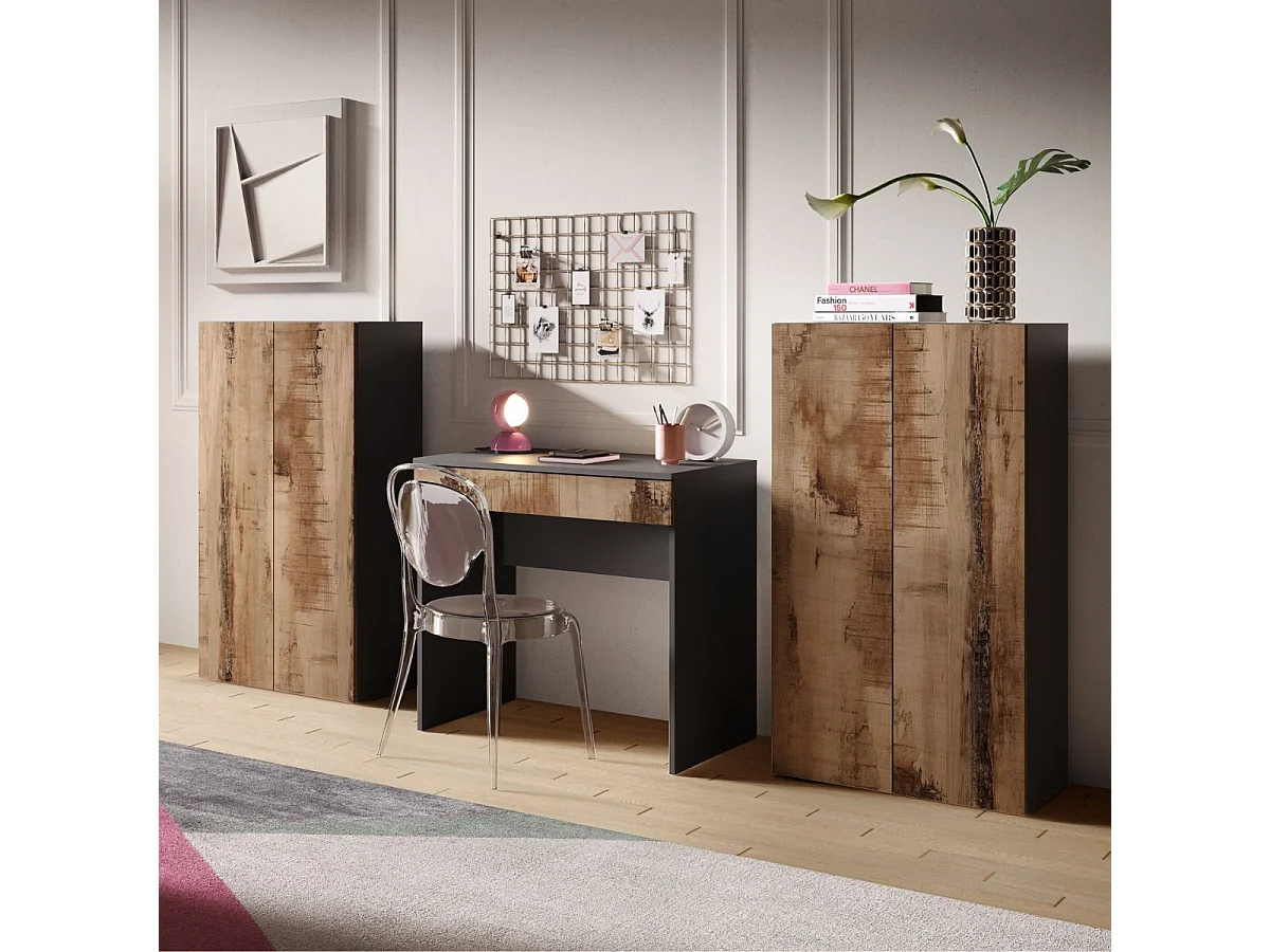 Rangement 2 portes noir graphite et aspect bois antique - SYNERGIE