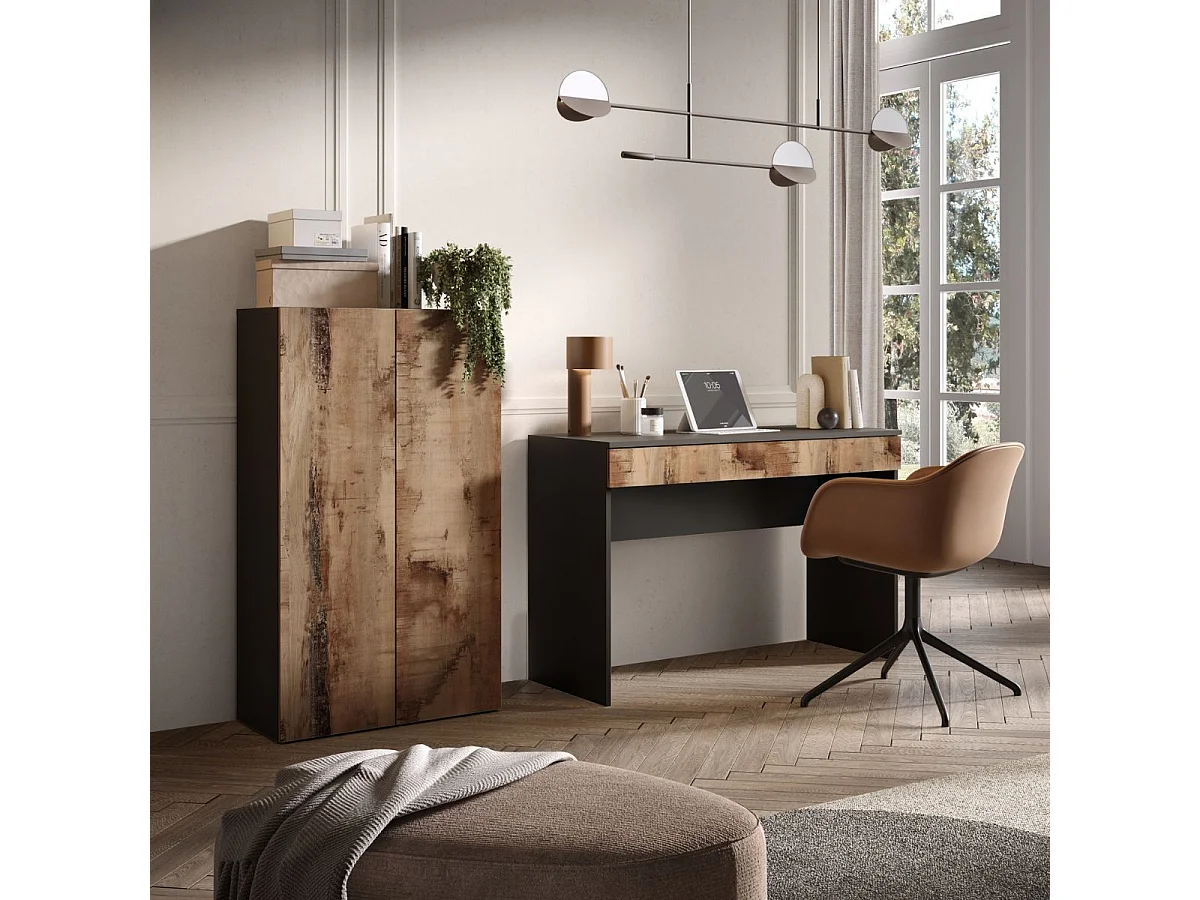 Rangement 2 portes noir graphite et aspect bois antique - SYNERGIE
