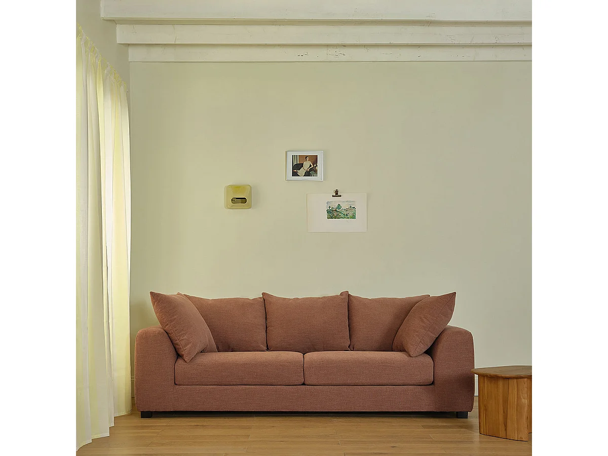 Canapé droit 4 places en tissu effet lin terracotta