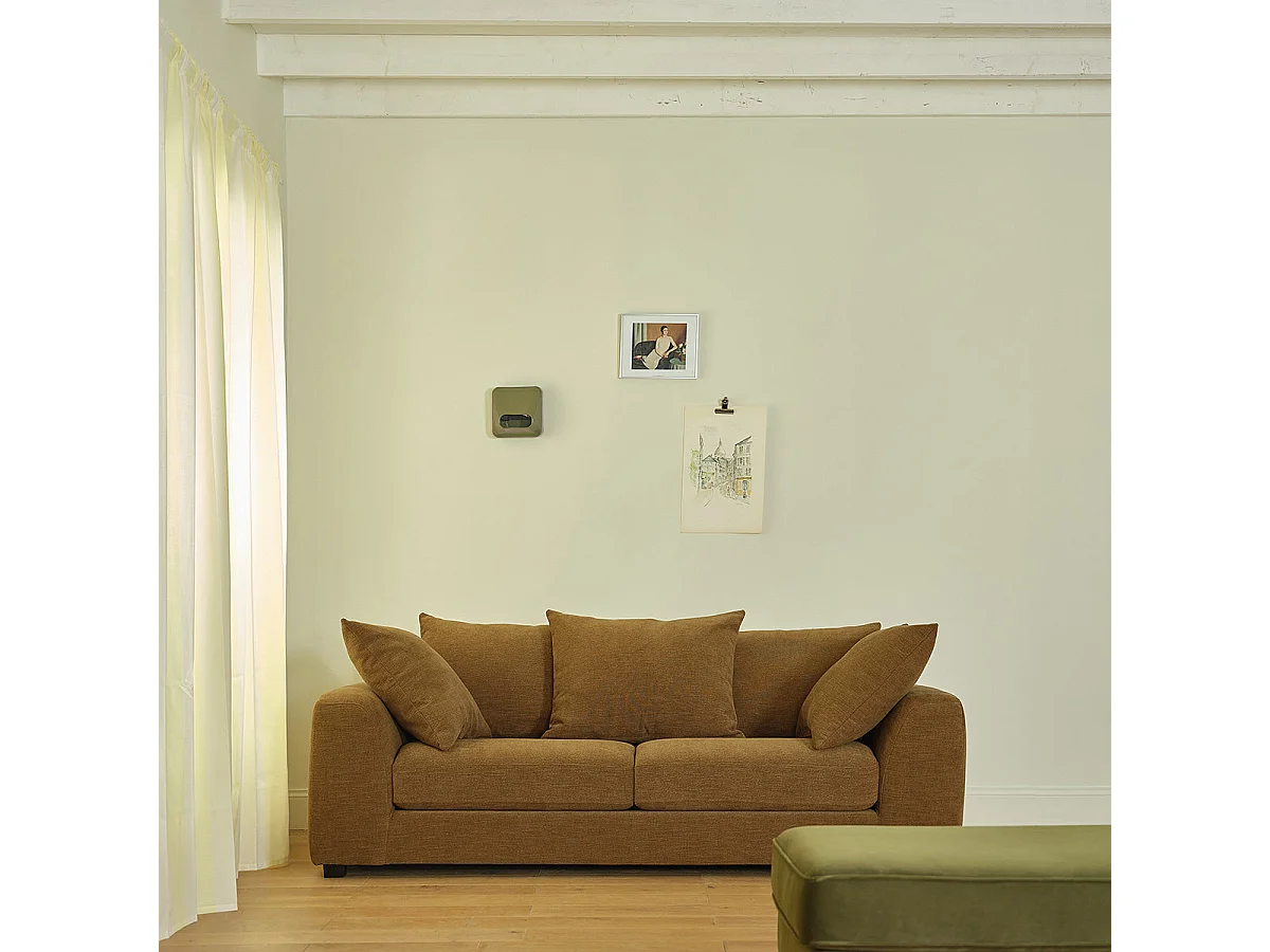 Canapé droit 3 places en tissu effet lin bronze