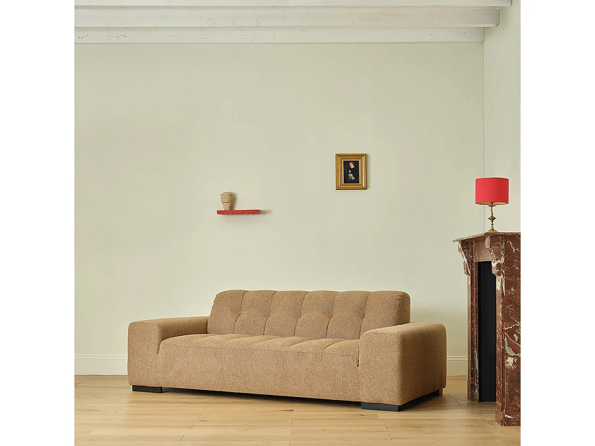 Canapé droit 3 places en tissu texturé marron clair chiné