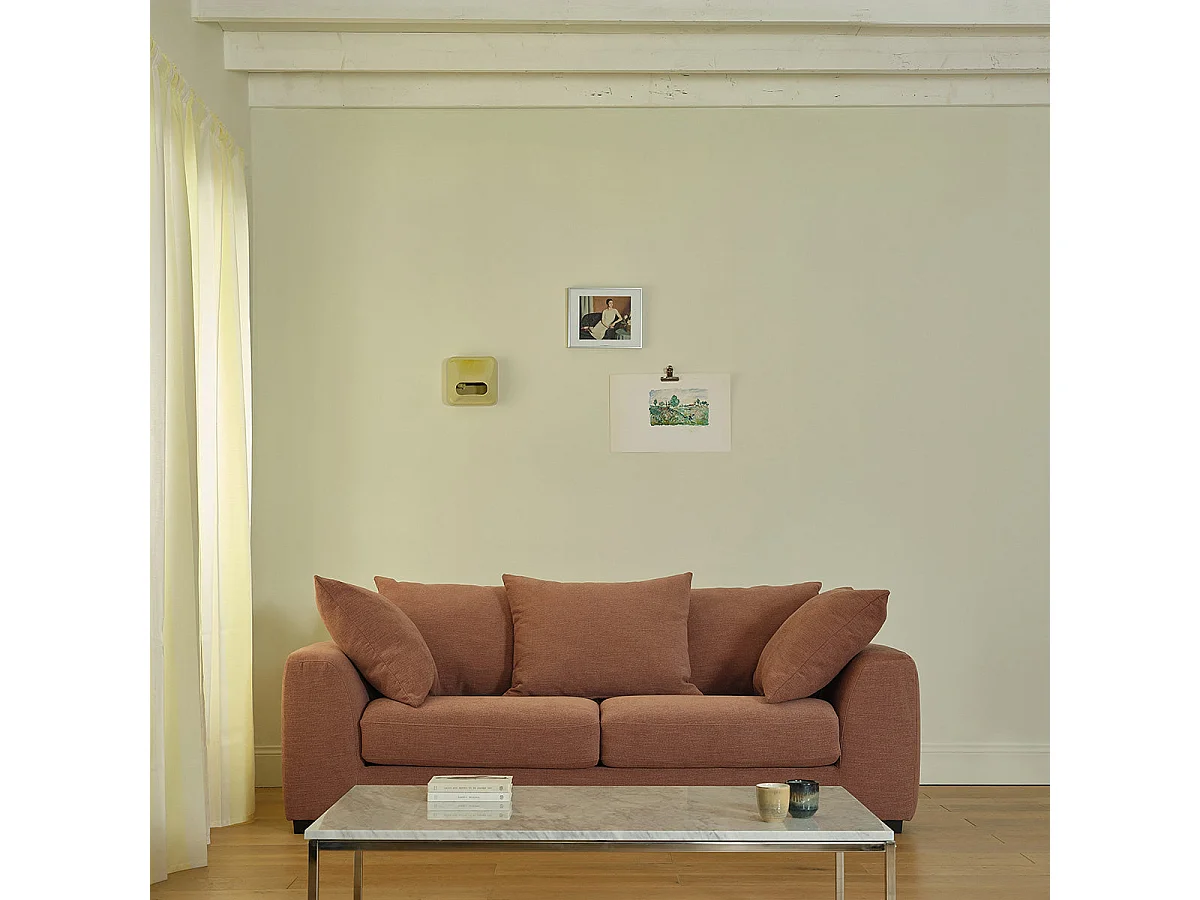 Canapé droit convertible 3 places en tissu effet lin terracotta