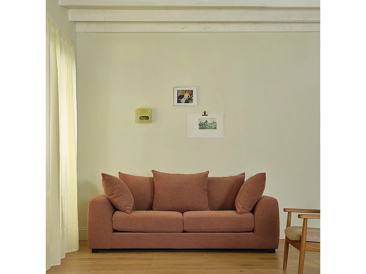 Divano lineare a 3 posti in tessuto effetto lino color terracotta