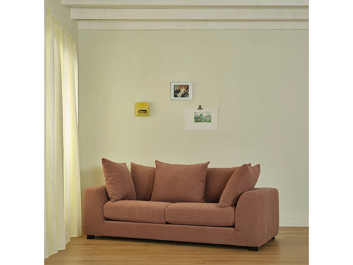 Divano lineare a 3 posti in tessuto effetto lino color terracotta