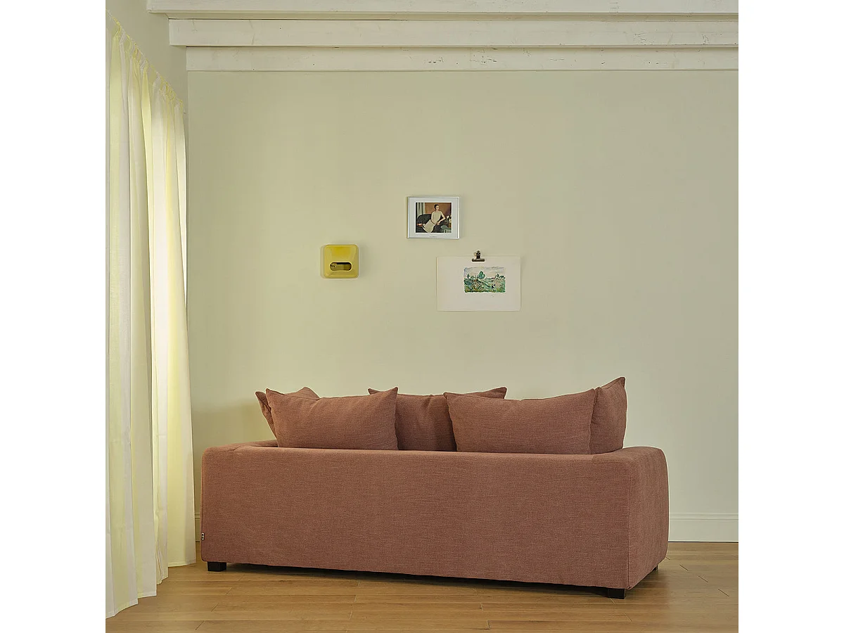 Divano lineare a 3 posti in tessuto effetto lino color terracotta