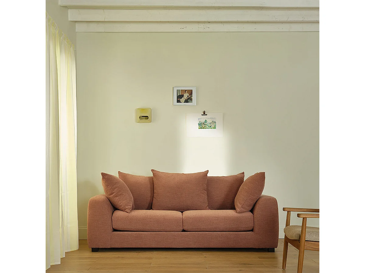Divano lineare a 3 posti in tessuto effetto lino color terracotta