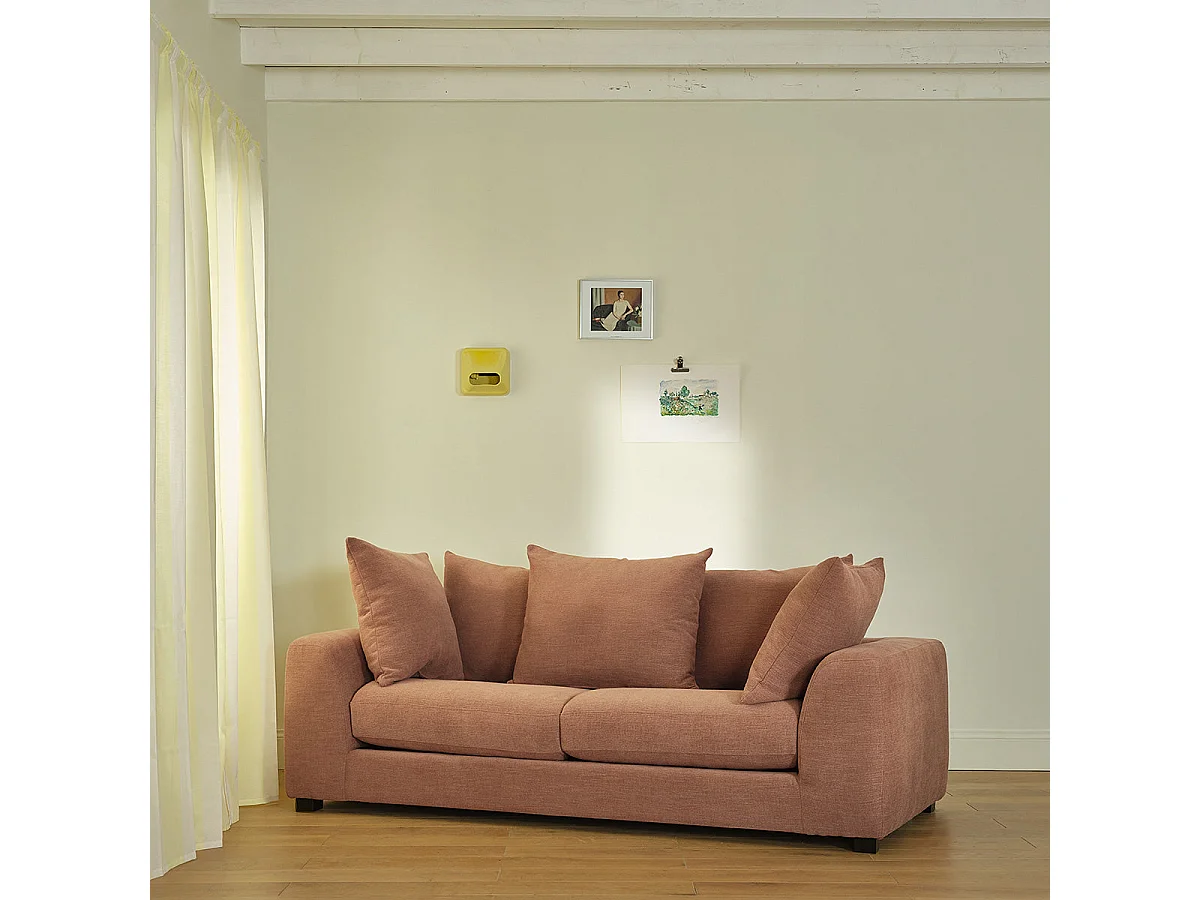 Divano lineare a 3 posti in tessuto effetto lino color terracotta
