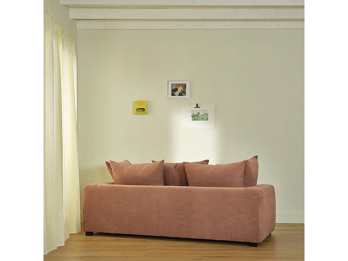 Divano lineare a 3 posti in tessuto effetto lino color terracotta