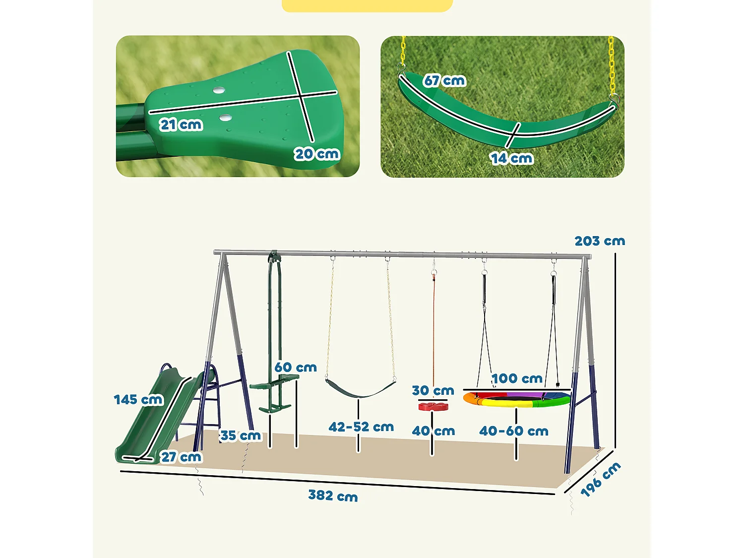 Balançoire aire de jeux 4+1 agrès acier gris bleu