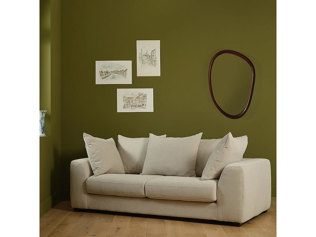 Canapé droit convertible 3 places en tissu effet lin écru