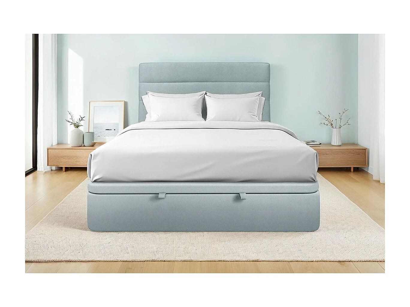 Lit coffre 160x200cm avec tête de lit lignes Velours Gris bleuté - Hauteur totale : 39cm